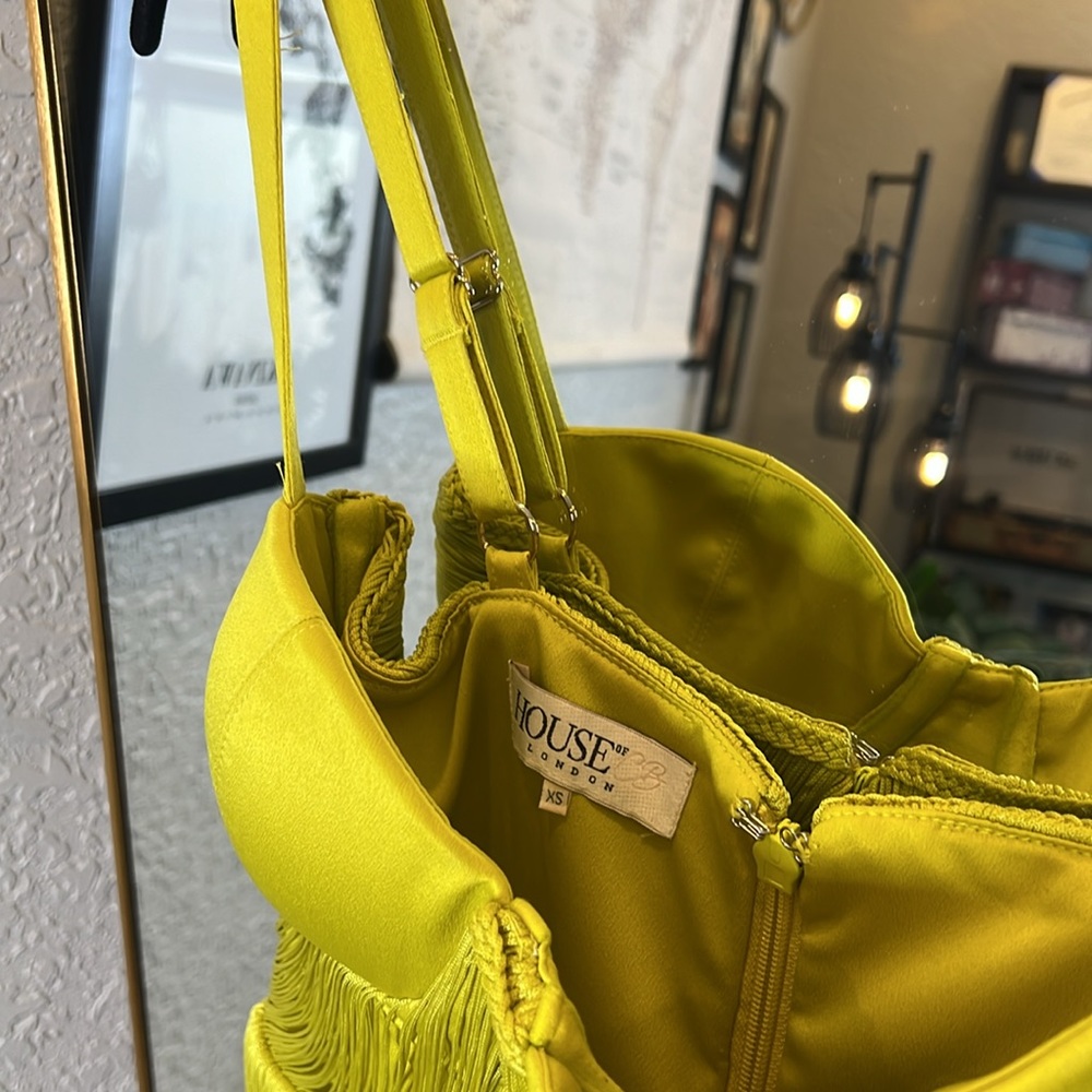 HOUSE OF CB 'Emee' Acid Yellow Satin Fringe Dress - Picture 16 of 17